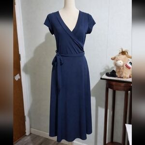 Janette Fashion Navy Blue Wrap Dress Modest Midi Cap Sleeve Tie Waist Church